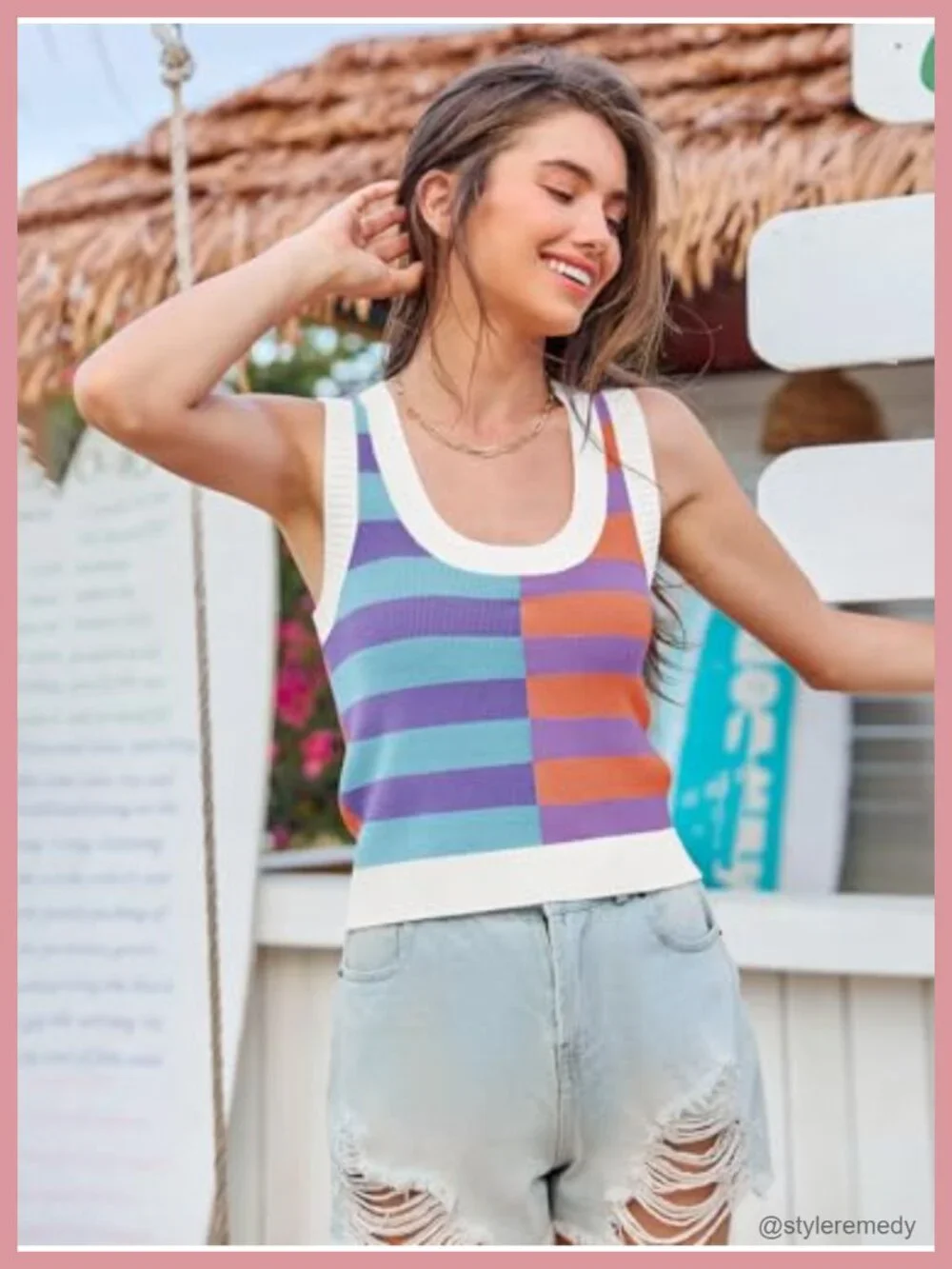 Ribbed Knit Sleeveless Striped Scoop Neck Tank Top